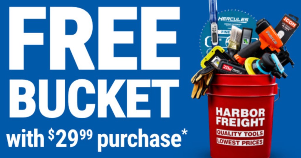Harbor Freight Bucket Coupon on blue background