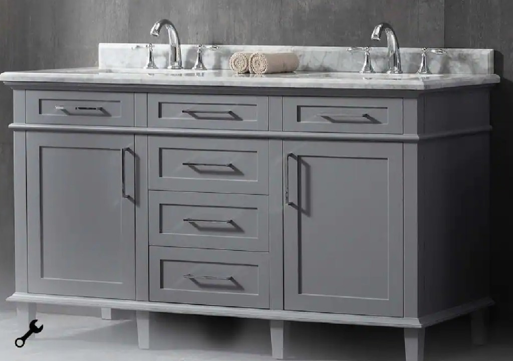 Home Decorator's Collection Sonoma 60in Wide Bath Vanity in Pebble Gray with White Carrara Marble Top