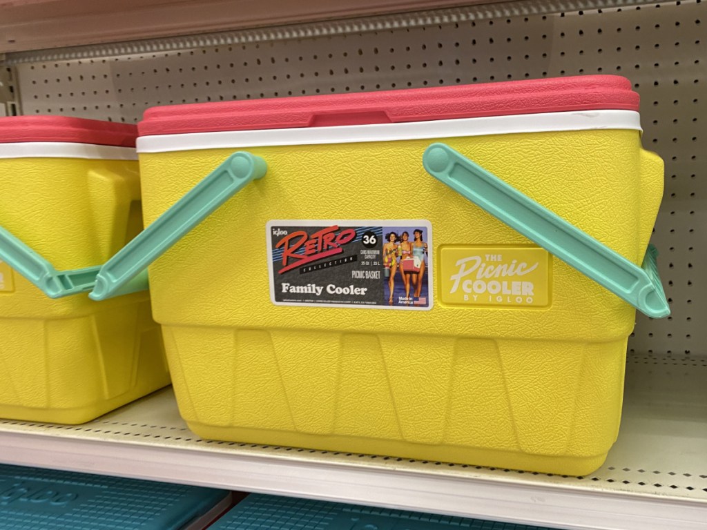 yellow picnic basket cooler on store shelf