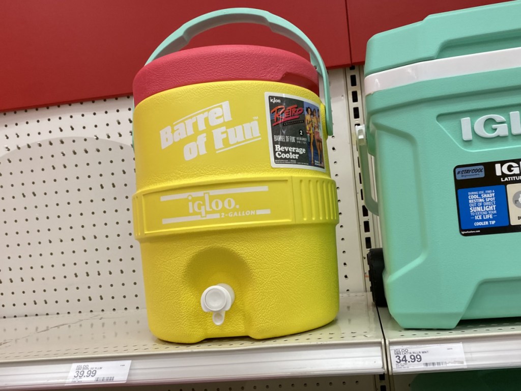 yellow beverage cooler on store shelf