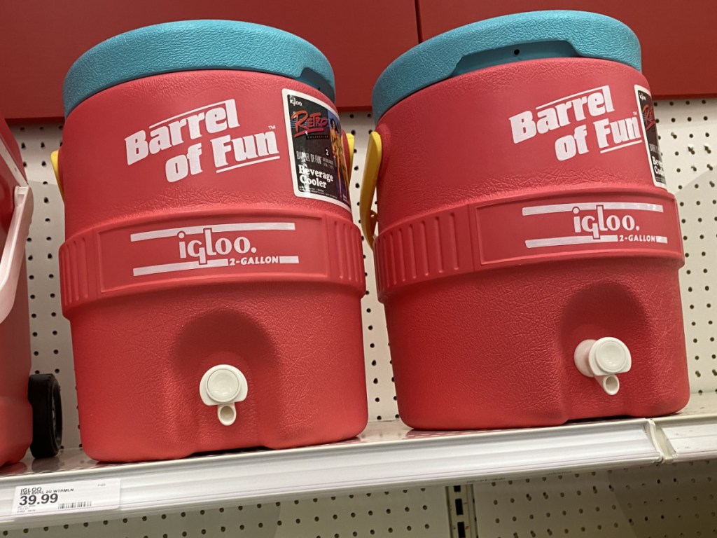 red beverage coolers on store shelf