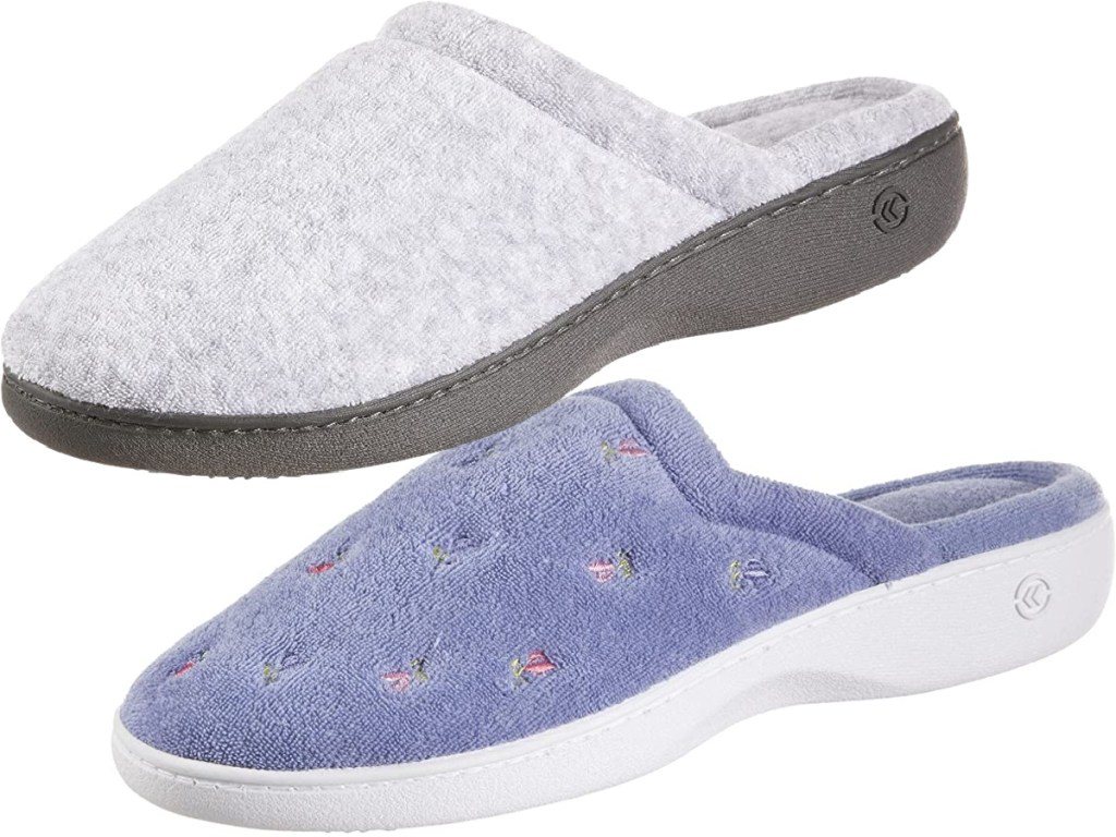 gray women's slippers and light purple floral women's slippers