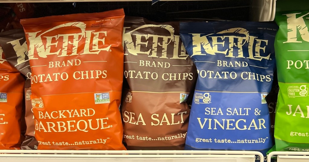 3 bags of kettle brand chips on store shelf