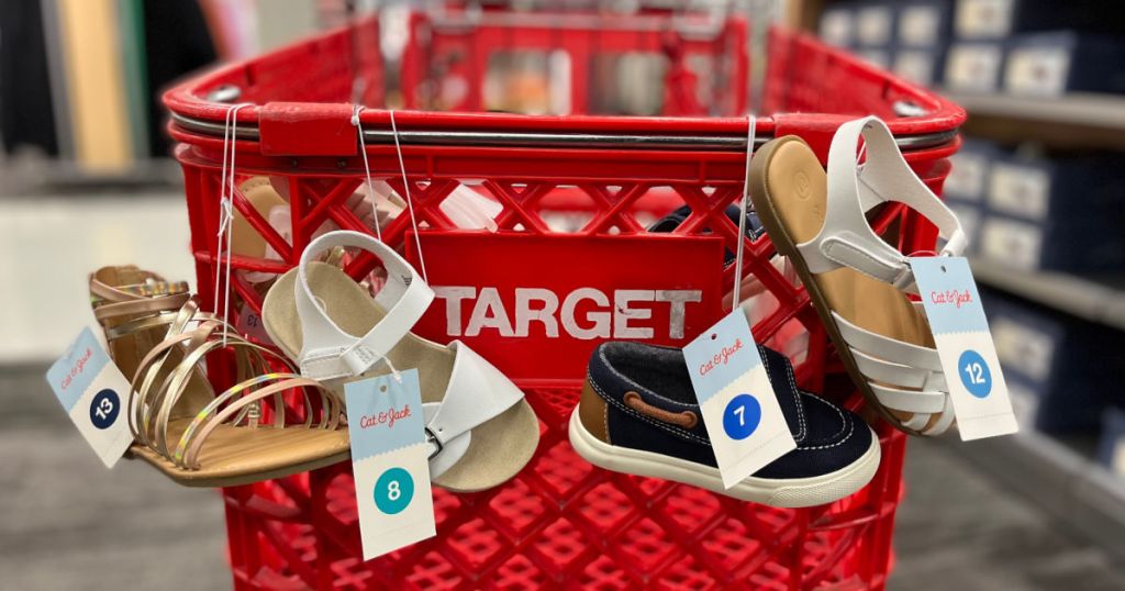 sandals hanging from red cart 