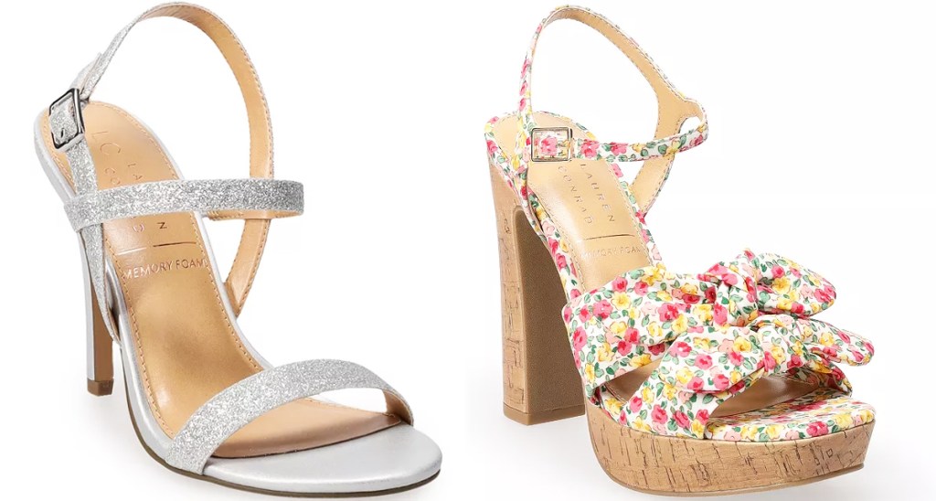 sparkly silver and pink/yellow floral print heels