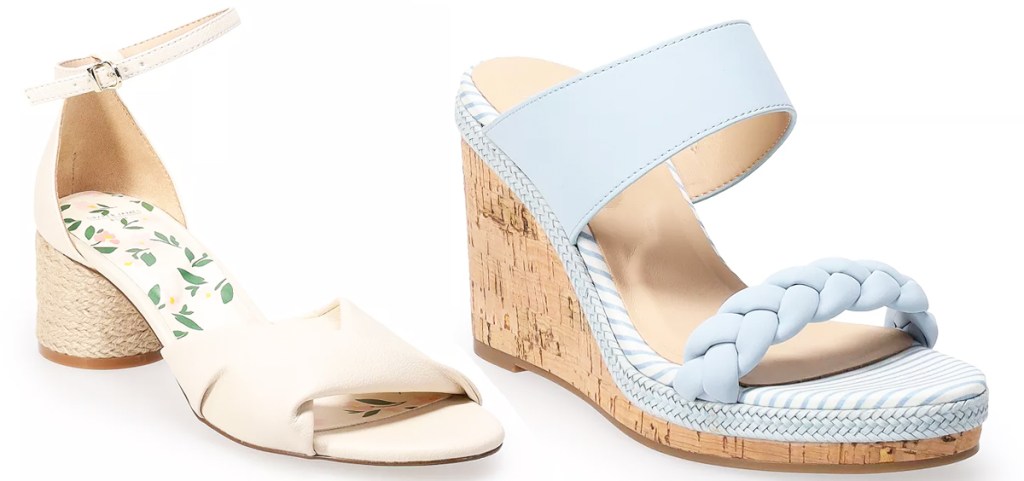 white chunky heel sandal and blue wedge sandal
