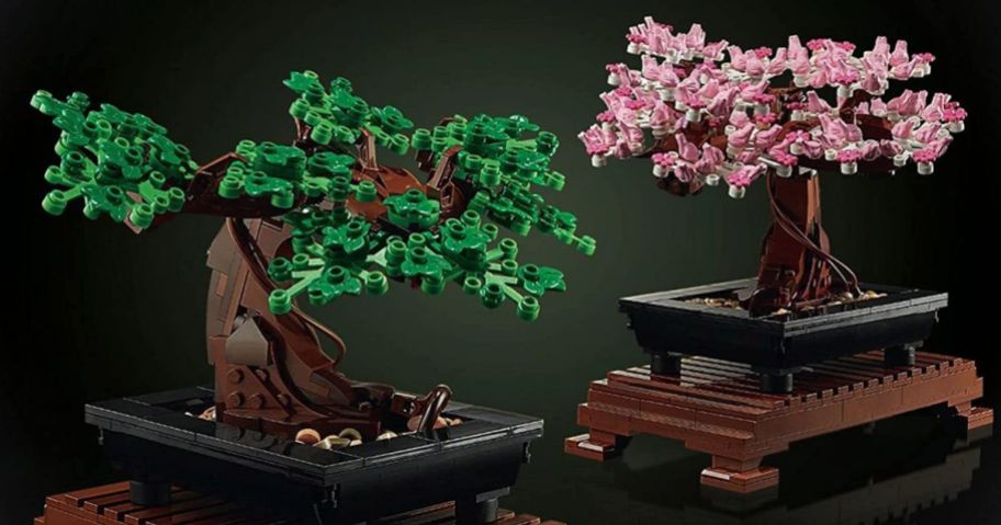 green and pink versions of the lego bonsai tree set