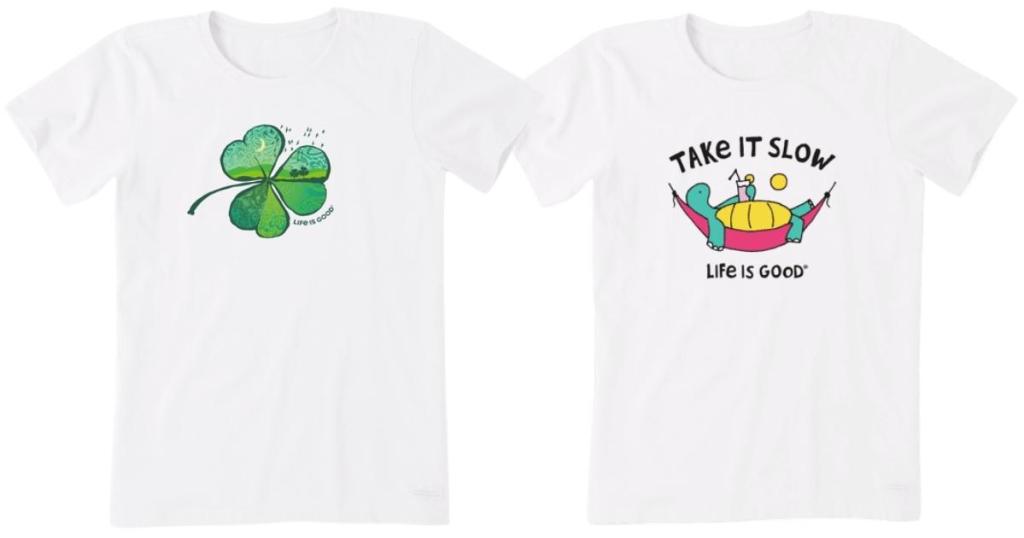 life is good women's clover and take it slow tees