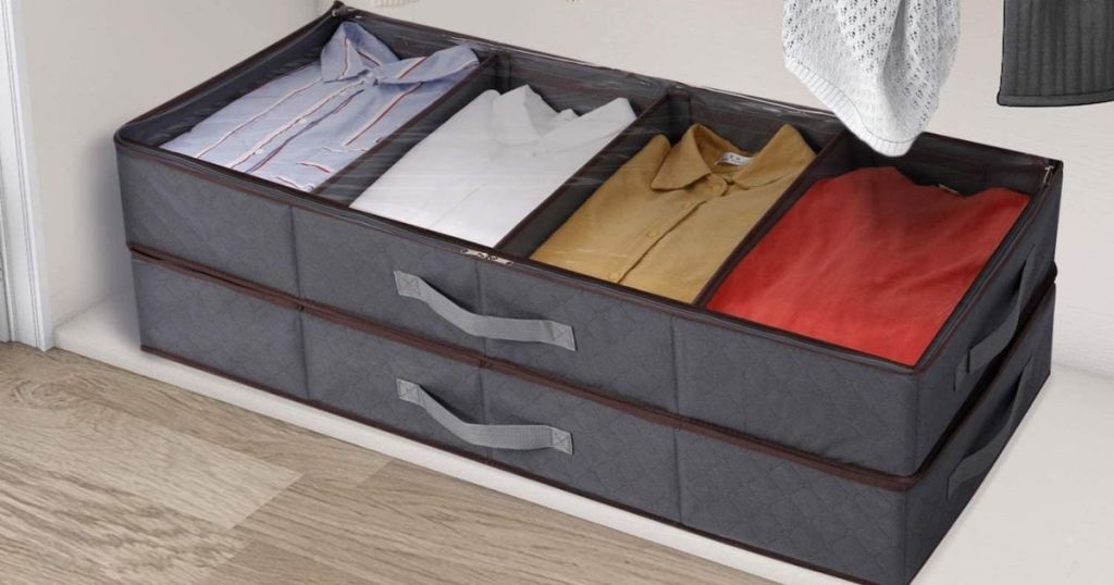 Lifewit Bed Organizer filled with clothing in closet