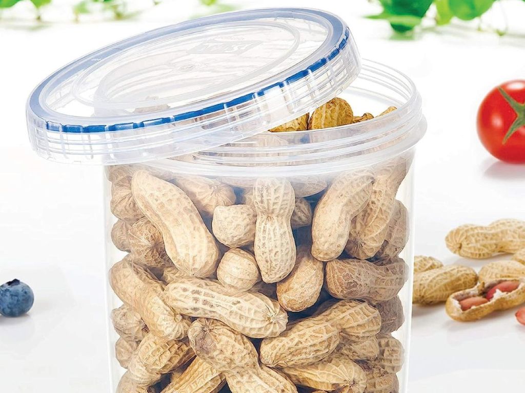 A Lock n Lock food storage container filled with peanuts 
