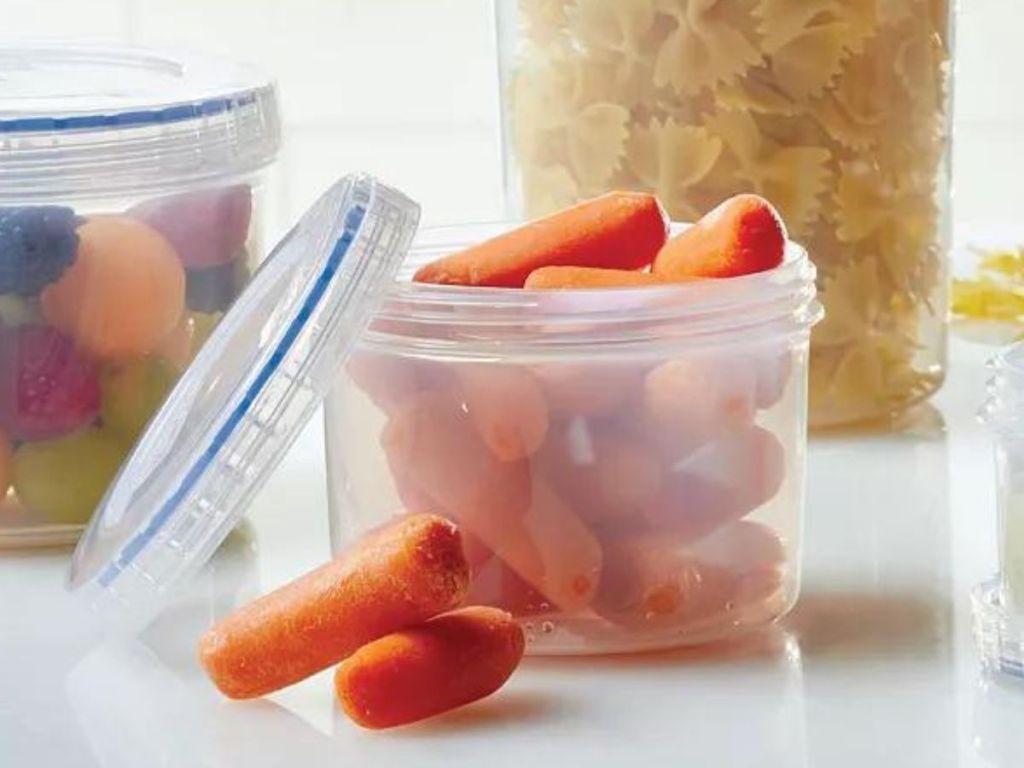 A lock n lock small food storage container filled with baby carrots