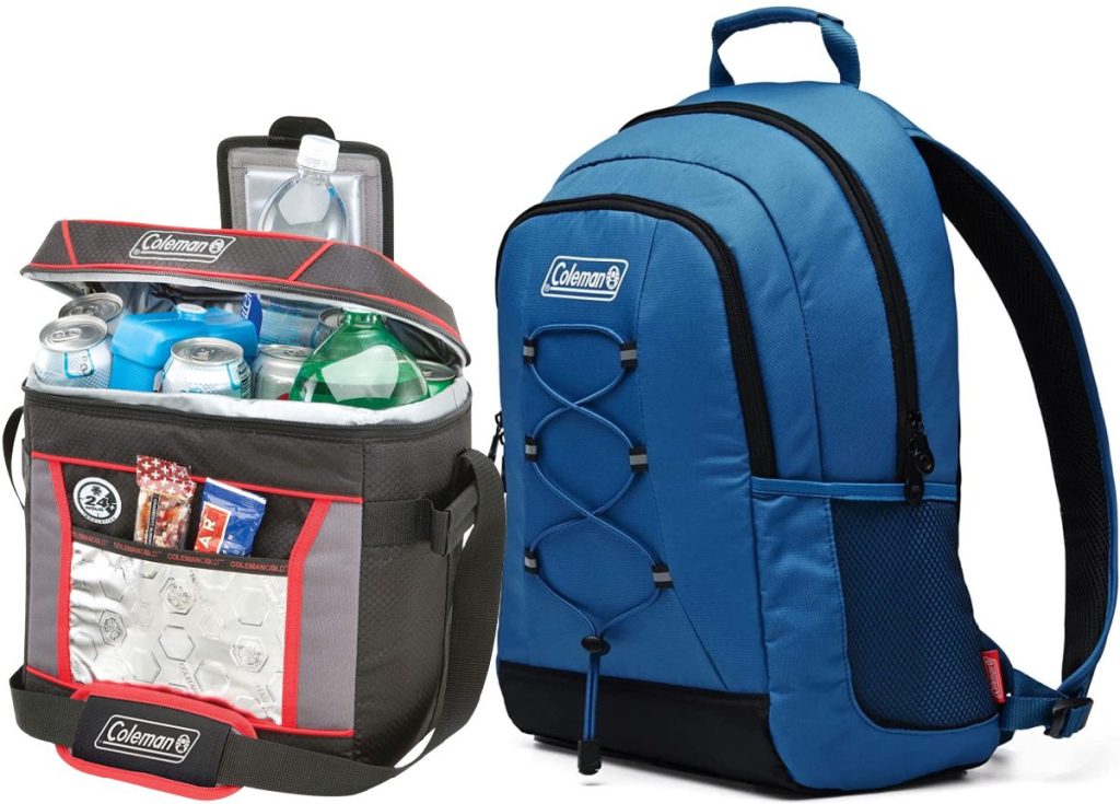 gray cooler and blue cooler backpack