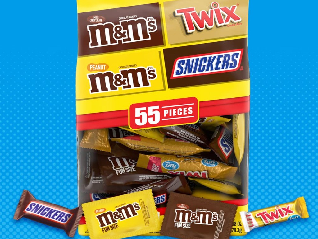 bag of m&ms, twix, and snickers candies