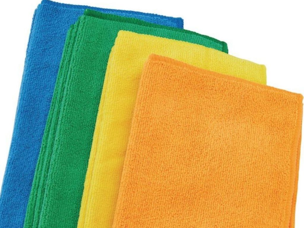 four folded microfiber cleaning cloths in blue, green, yellow and orange