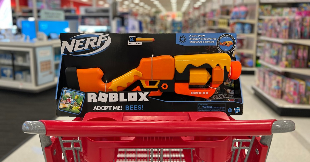 target cart with a nerf roblox blaster sitting on top of it