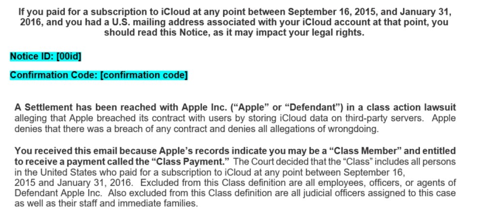 text from a class action lawsuit email