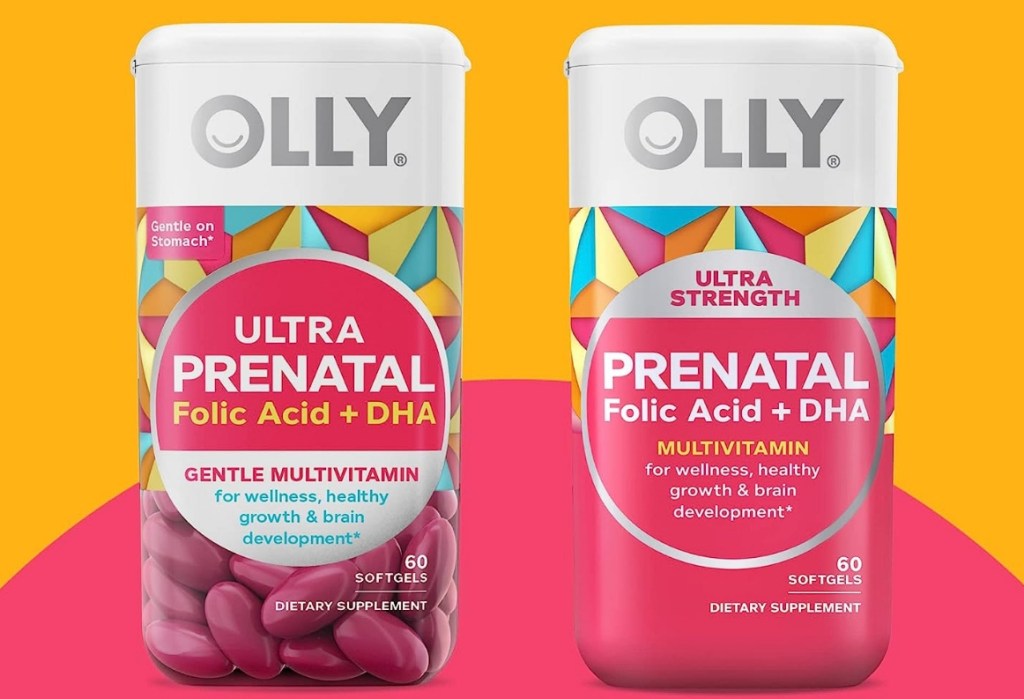 Two bottles of Olly prenatal vitamins