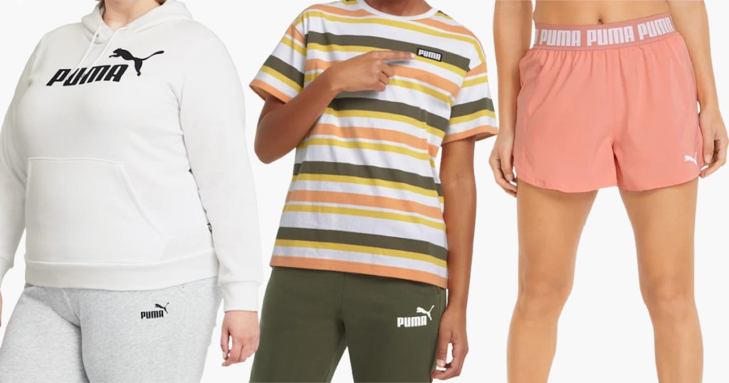 woman in white hoodie, boy in striped green tee, and woman in pink shorts