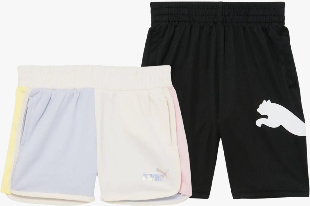 girls pink and white colorblock shorts and boys black shorts