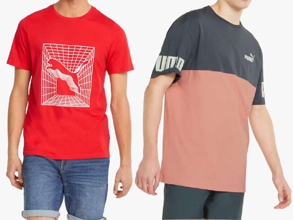 man in red graphic tee and man in colorblock gray and pink tee