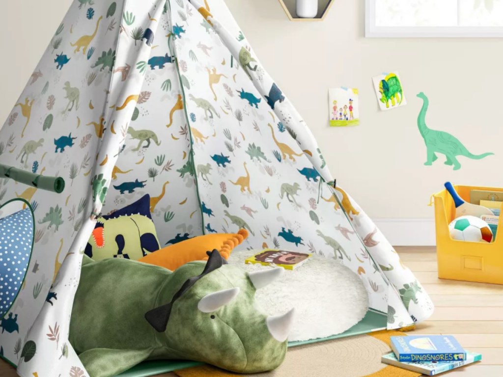 Pillowfort Dinosaur Kids tent in bedroom