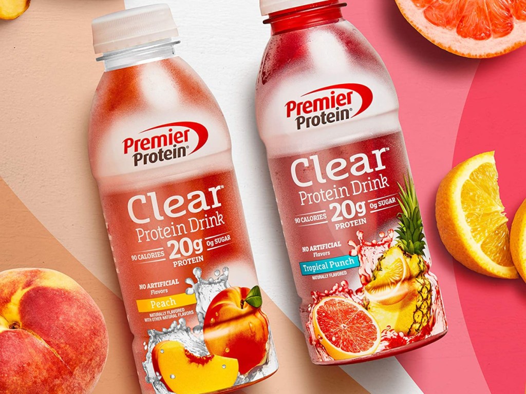 bottle of peach protein drink and tropical punch protein drink