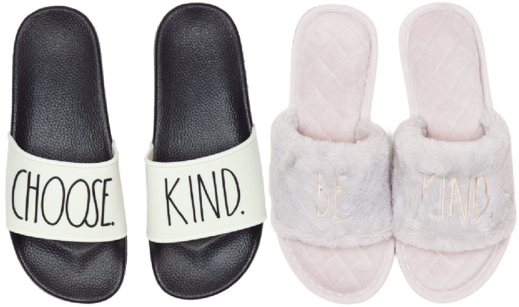 pair of black and white slides and pair of pink fuzzy slippers