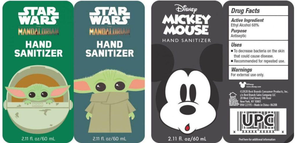 three Disney hand sanitizer labels