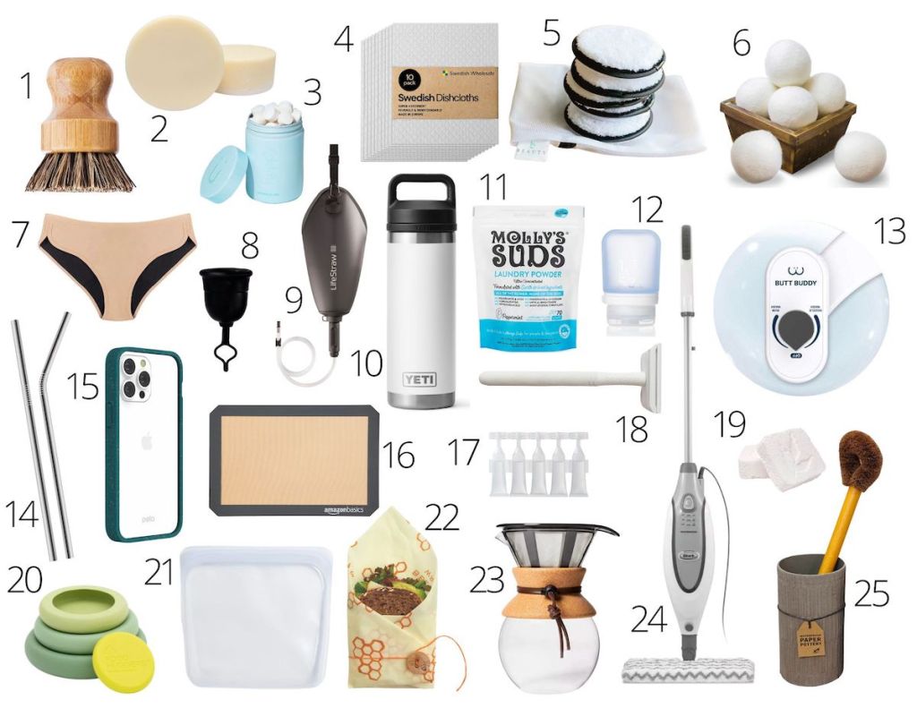 collage of various sustainable products and eco friendly products with numbers