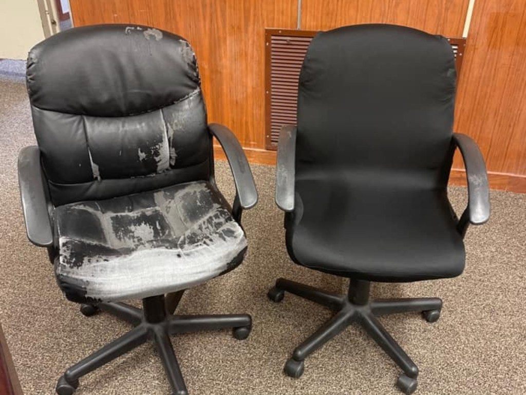 old office chair next to one covered with a stretchy slipcover