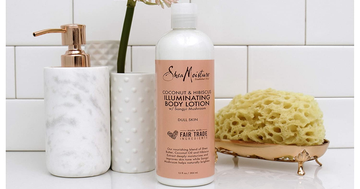 Shea Moisture body lotion on a counter with other bathroom items