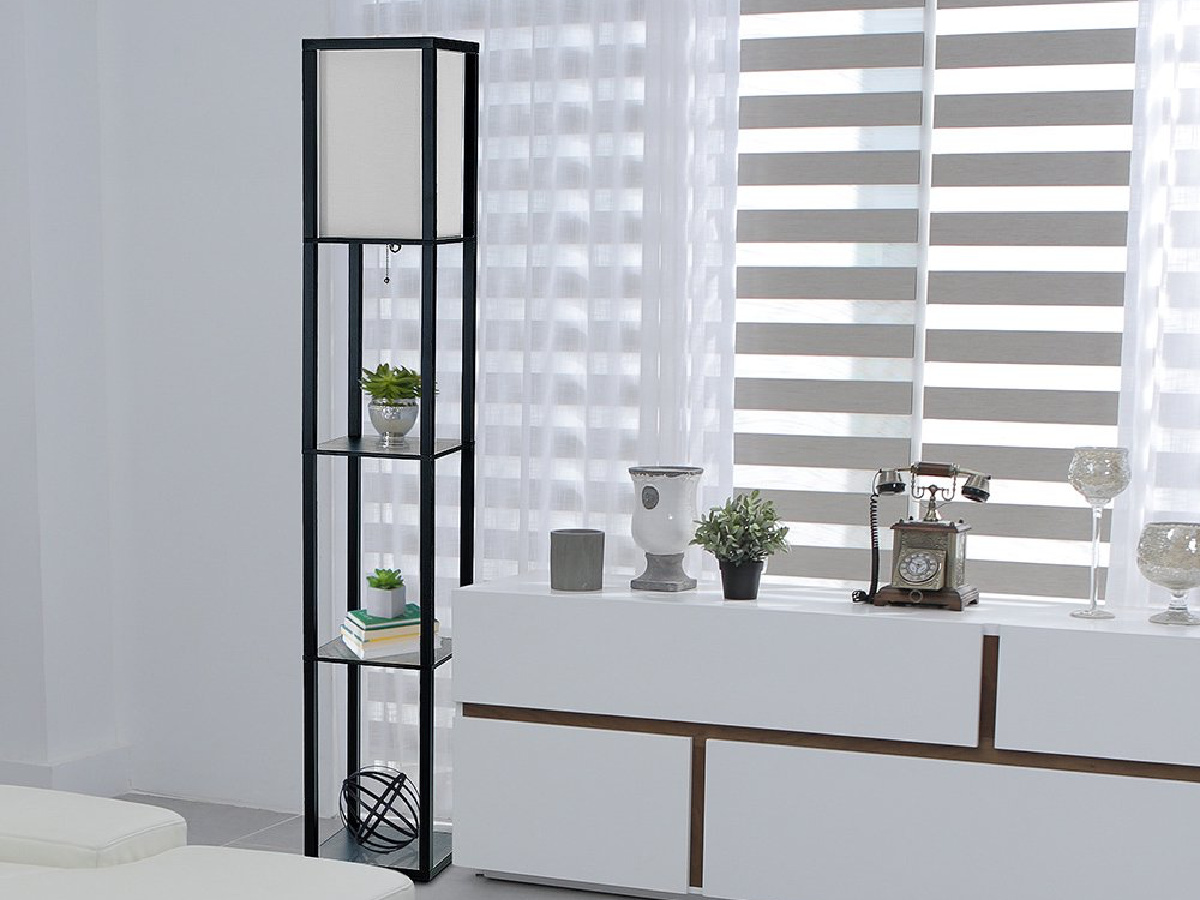 Simple Designs Home Organizer Storage Shelf Linen Shade Floor Lamp