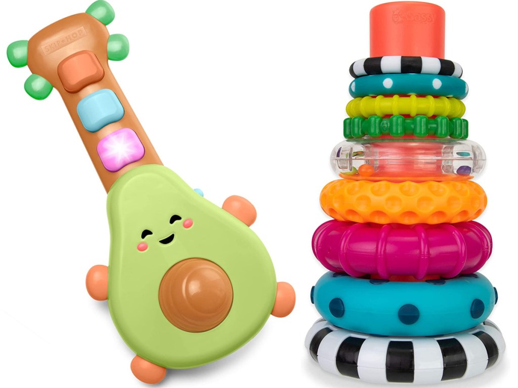 Skip Hop Farmstand Grow & Play Rock-A-Mole Guitar Toy and Sassy Stacking 9-Piece Ring STEM Learning Set