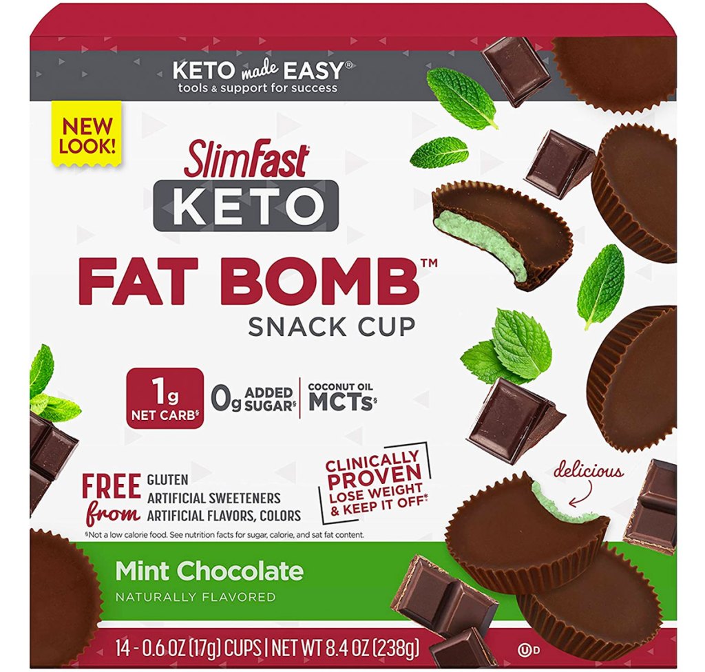 box of SlimFast Keto Fat Bomb Mint Chocolate Snack Cups