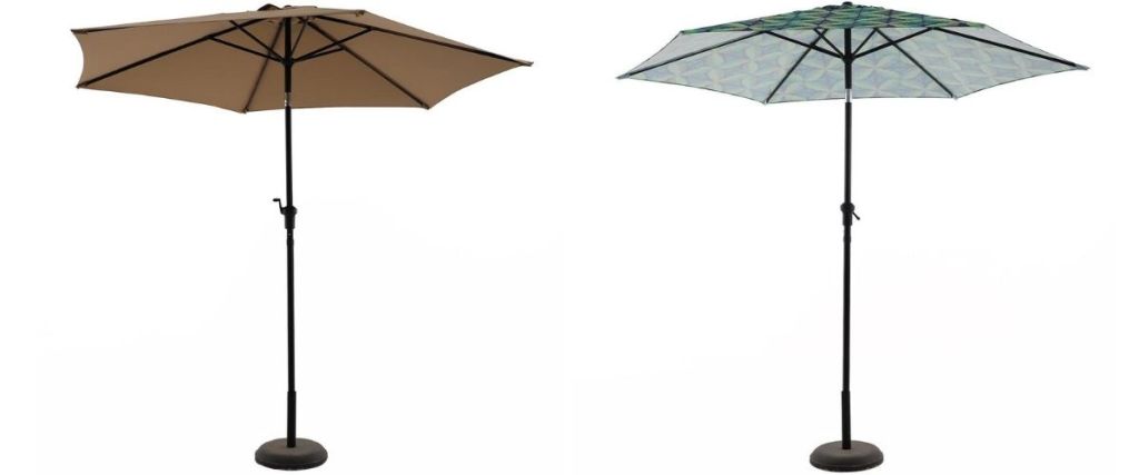 brown umbrella and green patterened umbrella