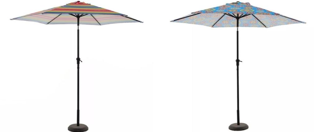 striped umbrella and blue patterned umbrella