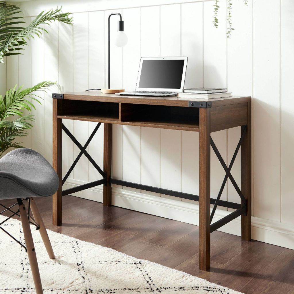 Sophie Modern Farmhouse X Frame Writing Desk with Cubbies with laptop on top