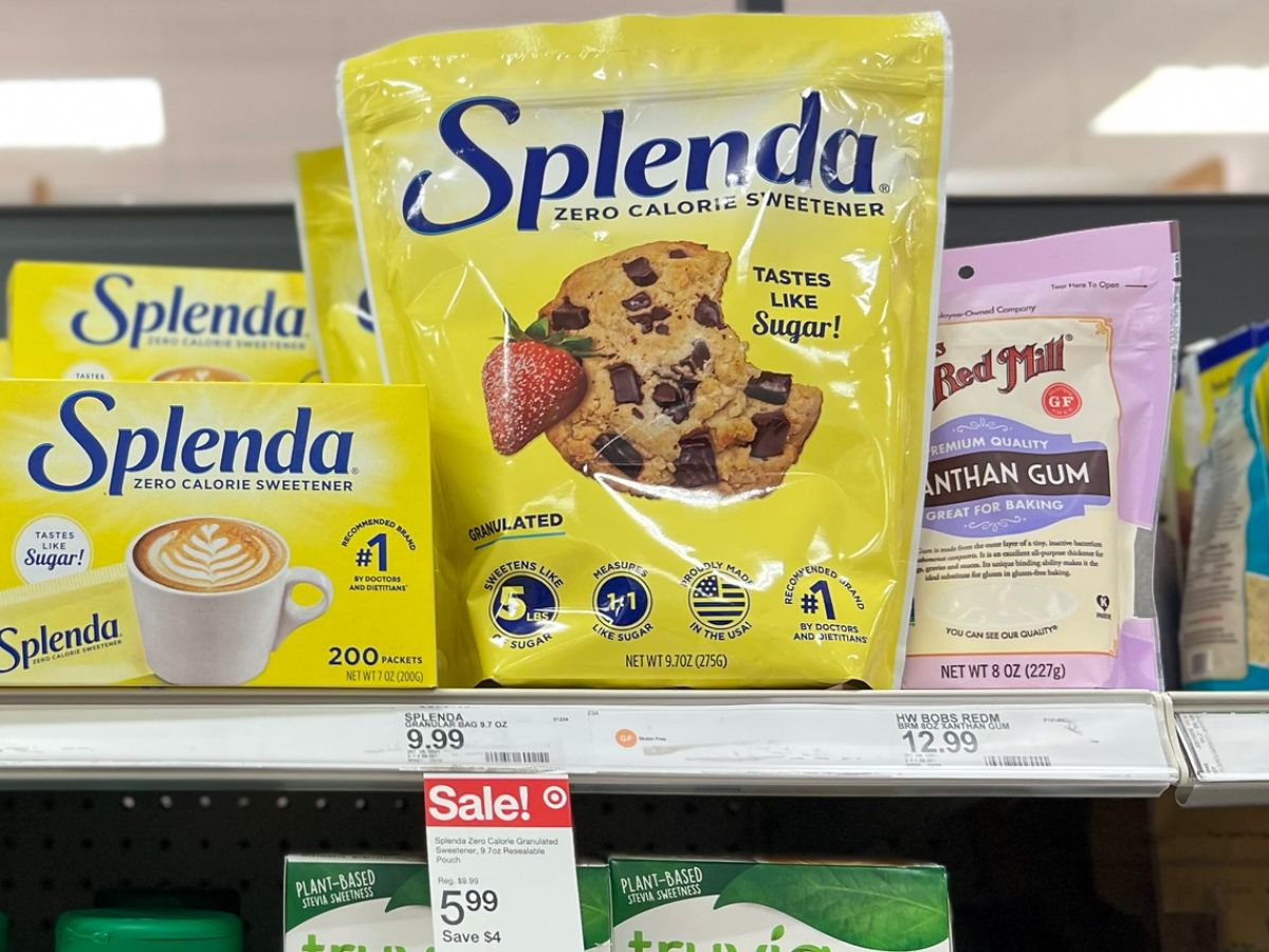 Splenda granulated zero calorie sweetener on store shelf 