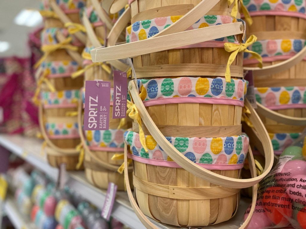 Easter baskets stacked on store shelf