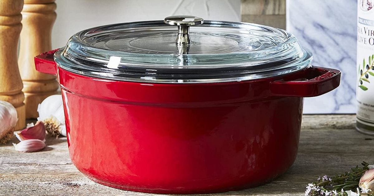 red pot with glass lid