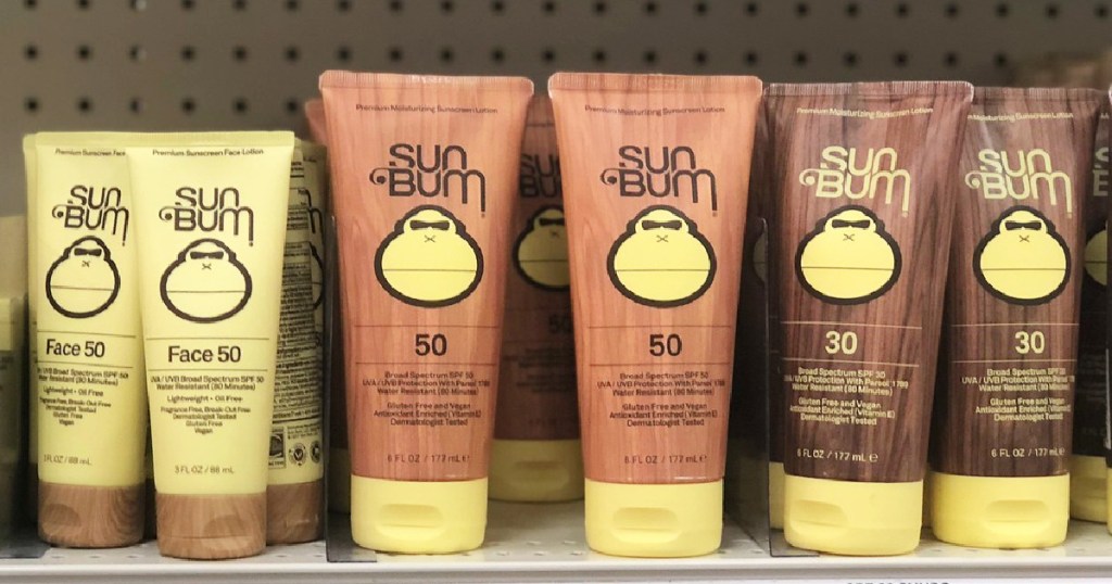 sun bum sunscreens lined up on shelf