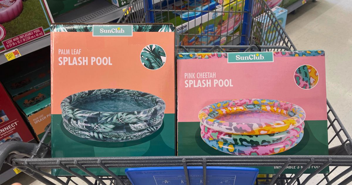 two Sunclub splash pools in boxes in a shopping cart