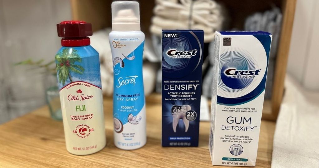 personal care products including deodorant sprays and toothpaste