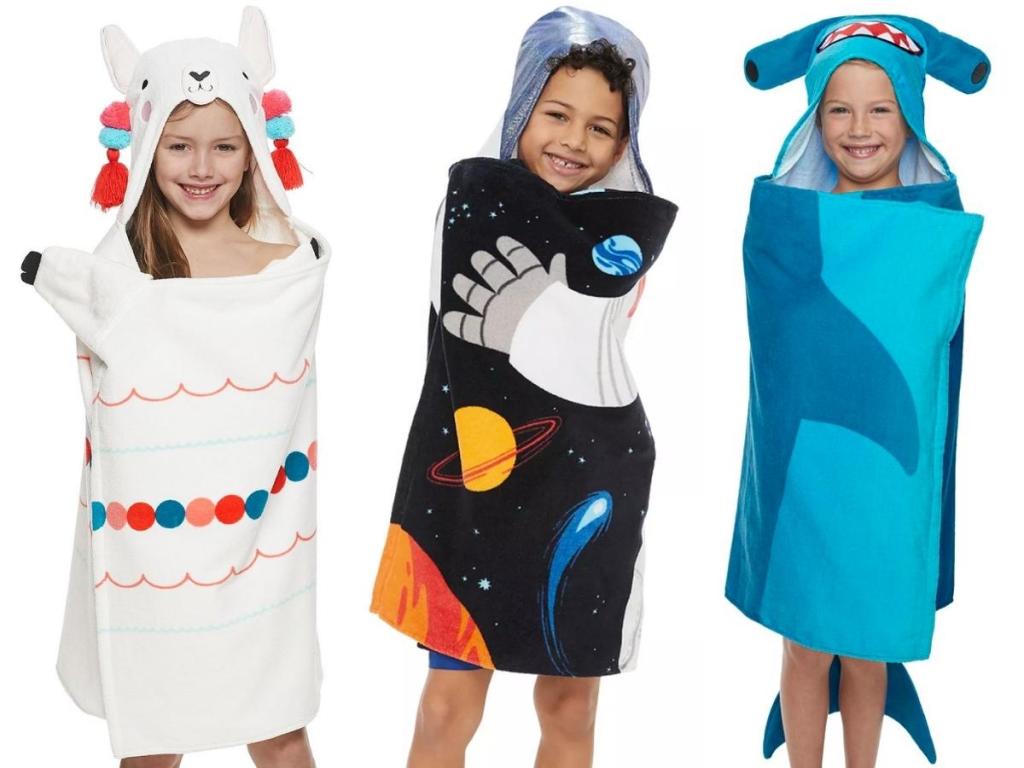 the big one hooded kids towels with llama, astronaut and shark