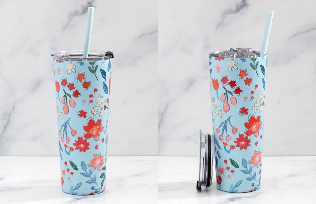 two tall blue floral print tumblers