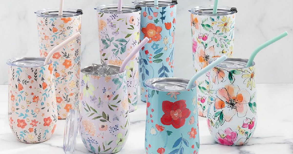 eight floral print tumblers in different sizes