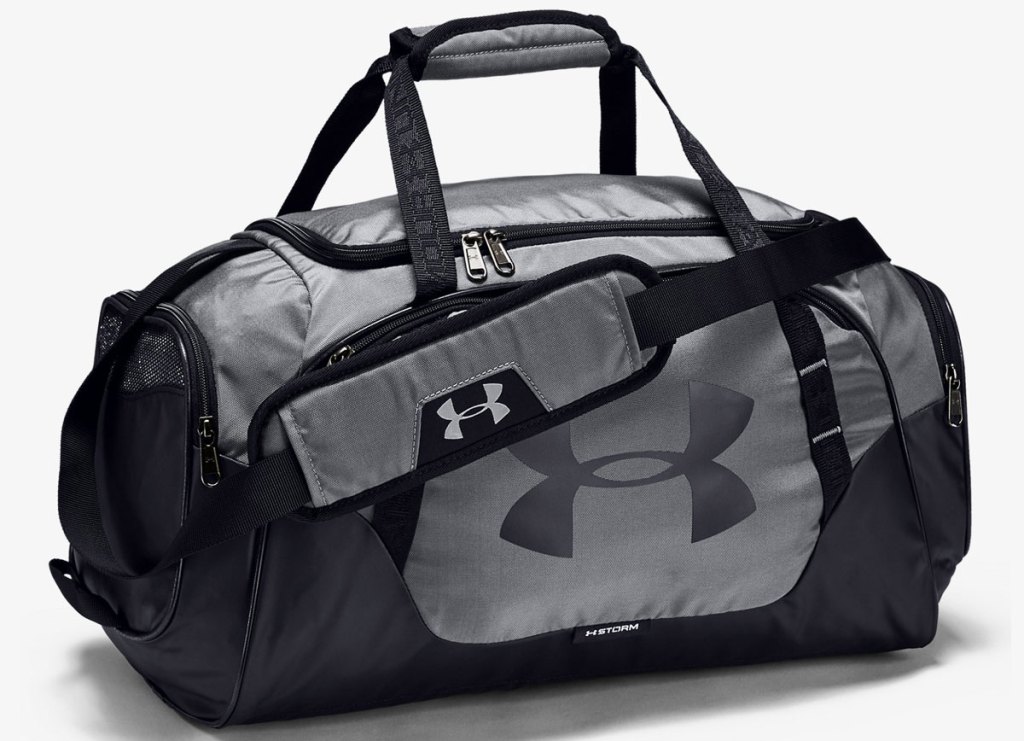grey and black under armour duffle