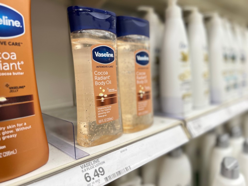 bottles of body gel oil on store shelf