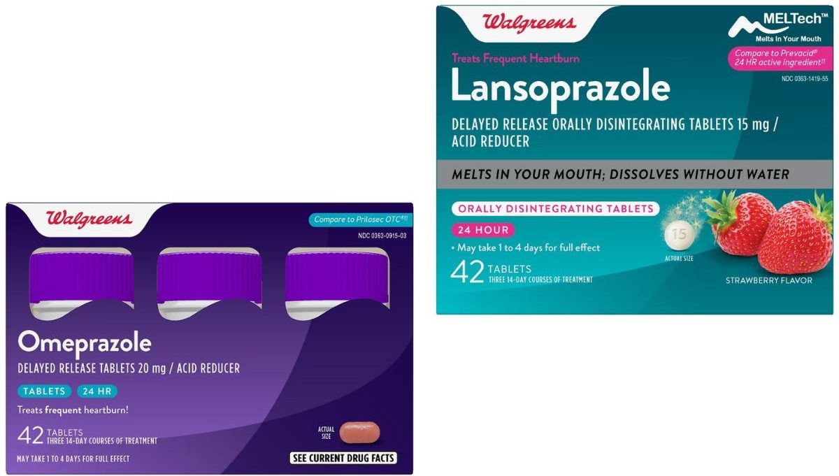Two stock images of Walgreens brand antacids