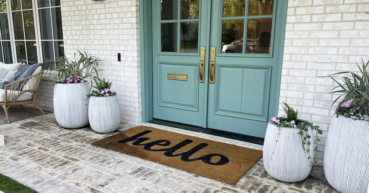 hello doormat in front of blue doors wayfair deals